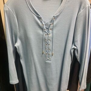 Ralph Lauren Lace-Up Ribbed Long Sleeve Top - Light Blue